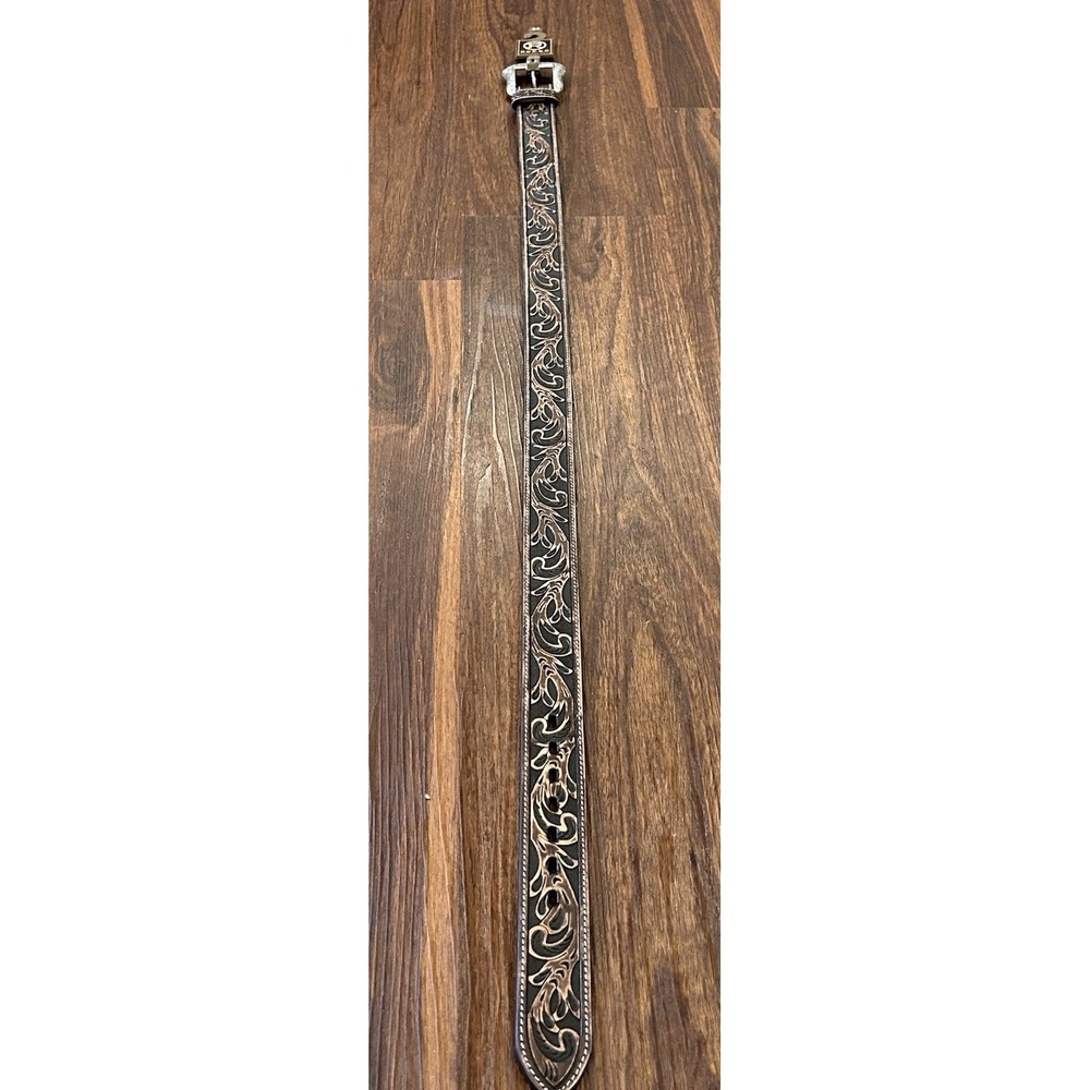 Roper Tooled Dark Brown Mens 34 Belt With Replaceable Silver Buckle - Picture 4 of 12